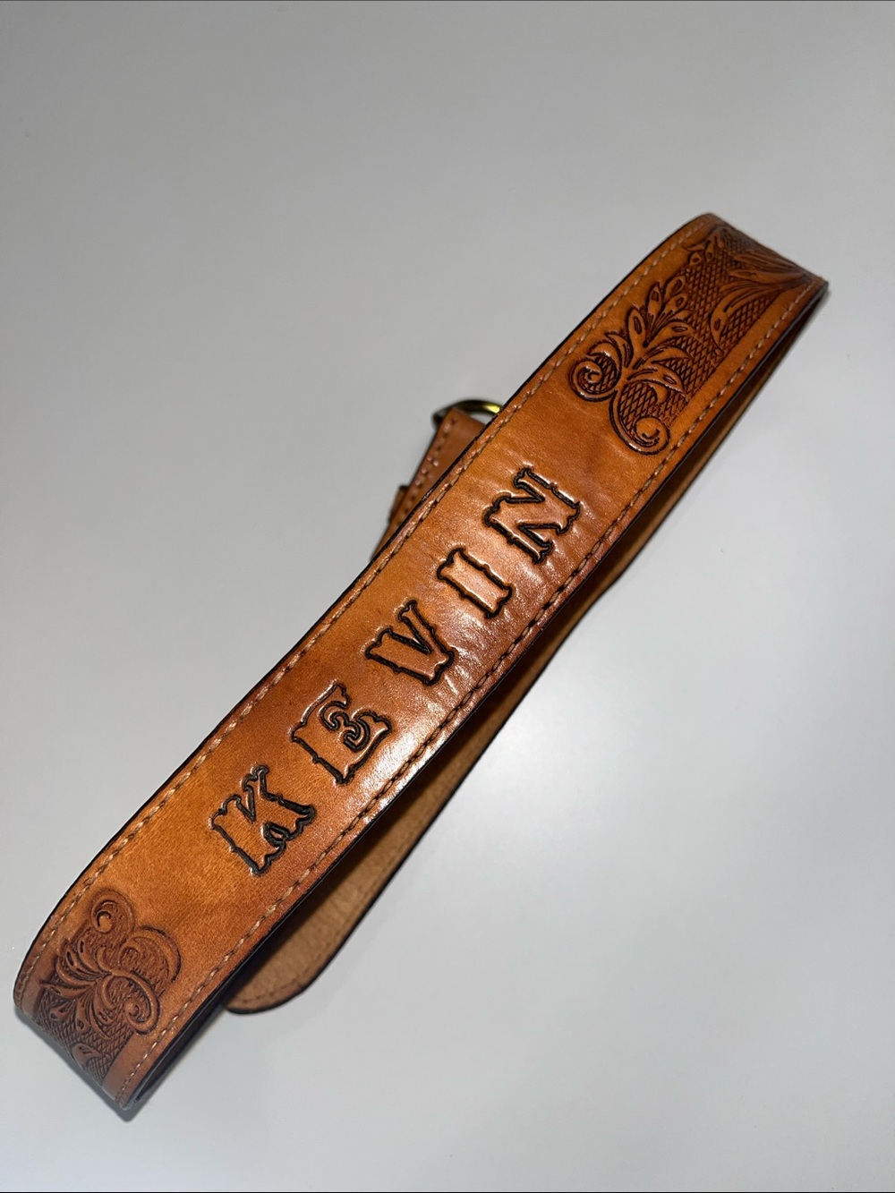 Source Unknown Tan Leather Belt with Embossed 'KEVIN' w/ Brass Buckle